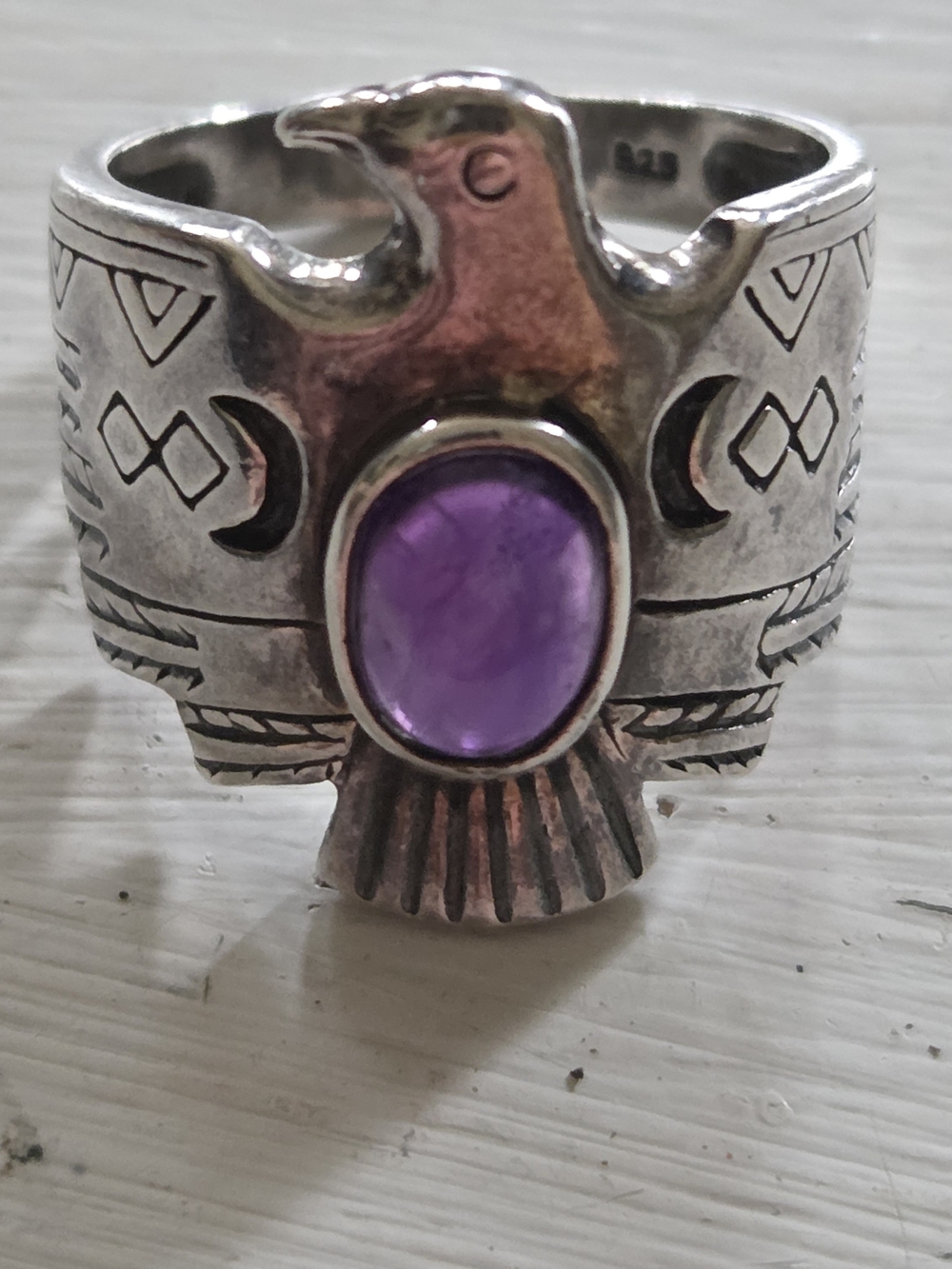 Sterling Thunderbird Ring with Purple Stone Accent